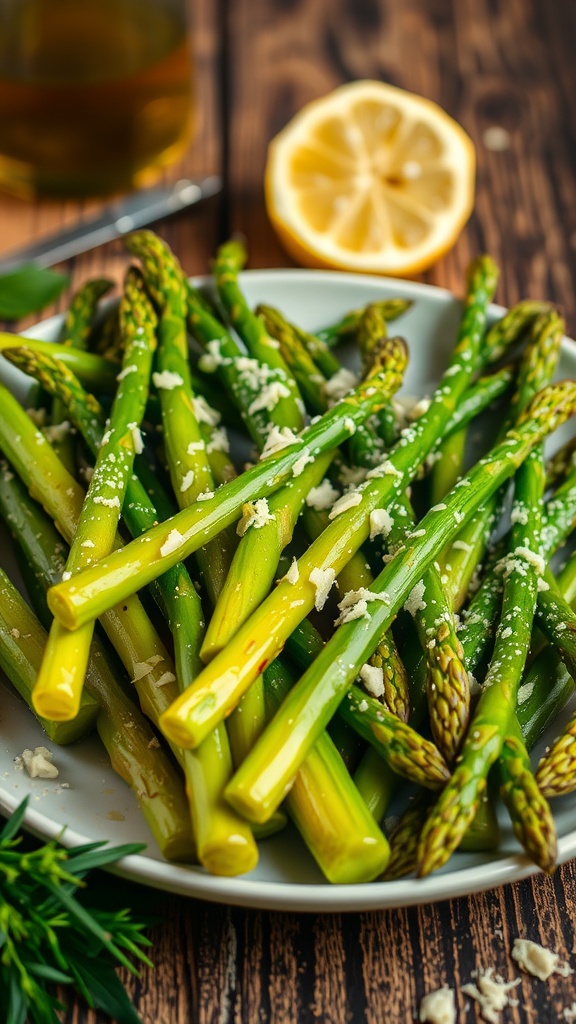 A plate of cooked asparagus with olive oil and Parmesan cheese on a rustic wooden table.